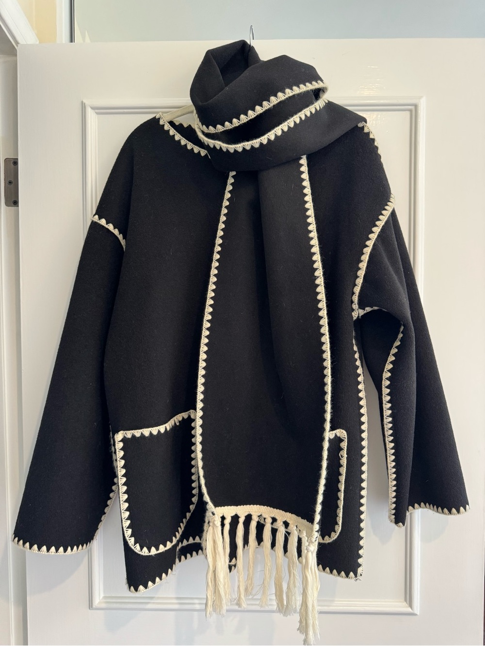 Commense Black Poncho Jacket with Cream Trim and Fringe